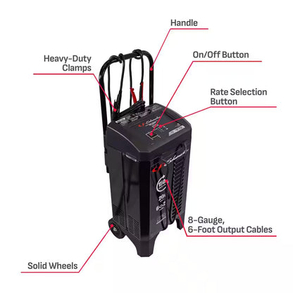 Wheeled Automatic 150A Car Battery Charger and Engine Starter, 20A Boost, 12V for Power Sport, Auto, Marine Batteries